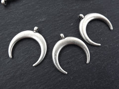 3 Medium Crescent Pendant Tribal Double Horn Pendant - Antique Matte Silver Plated Turkish Jewelry Making Supplies Findings Components - 3Pc