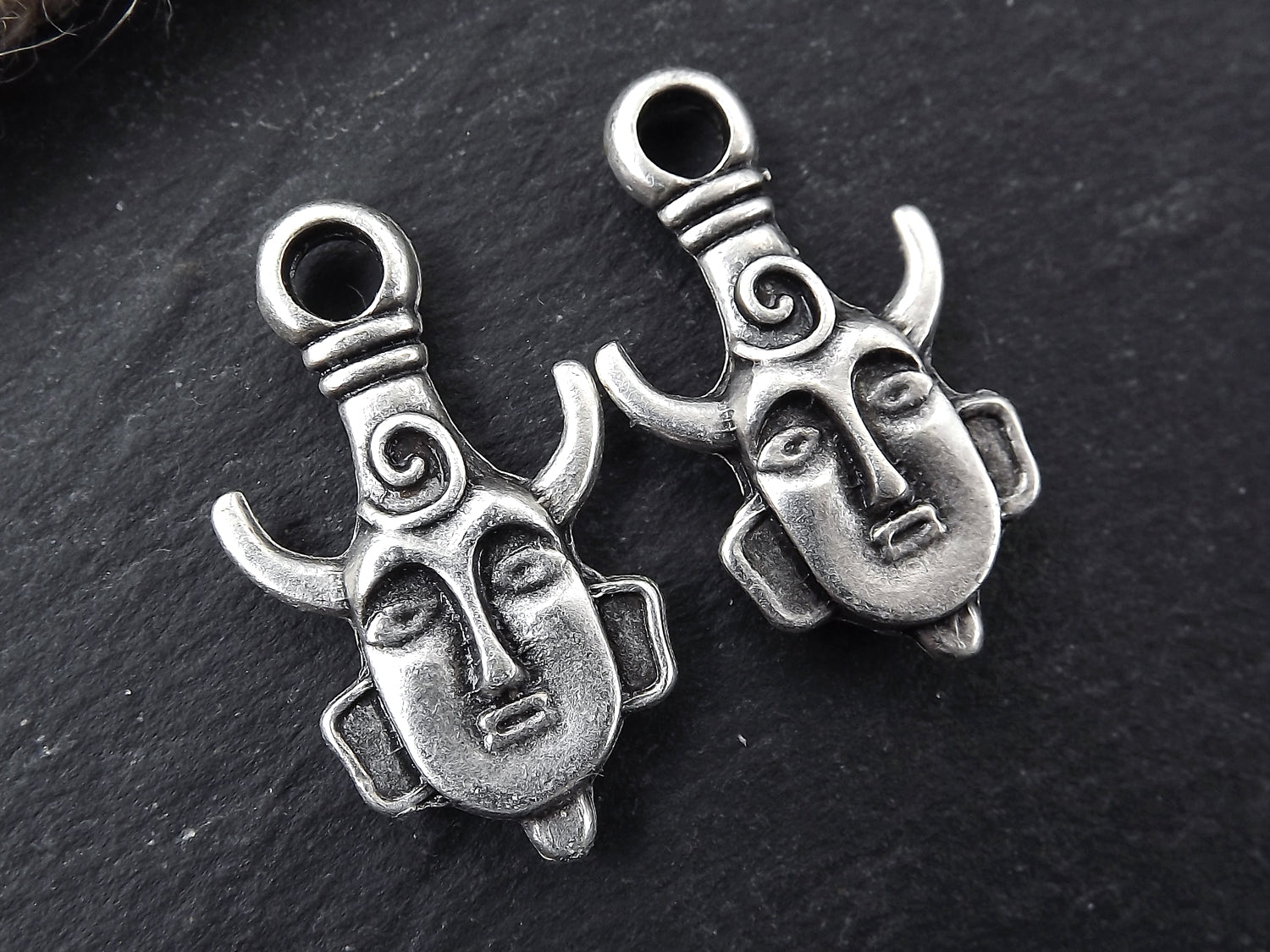 Tribal Ethnic Mask Pendant Charms - African Mask with Horns - Matte Antique Silver Plated - 2PC