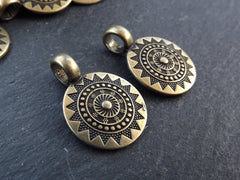 2 Small Ethnic Sun Mandala Round Disc Pendants with Side Facing - Antique Bronze Plated