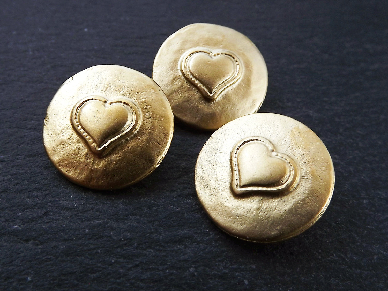 3 Rustic Metal Heart Buttons 22k Matte Gold Plated - Round Silver