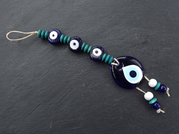 Evil Eye Wall Hanging, Teal, Navy Blue, Turkish Evil Eye, Lucky, Protective, Wall Hanging, Home Decor, Garden Decoration, Artisan