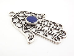 Extra Large Hamsa Hand of Fatima Pendant Round Royal Blue Jade - Matte Anitque Silver Plated - 1PC