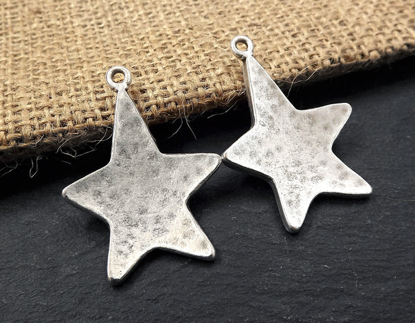 Hammered Star Pendant, Silver Star Pendant, Star Charms, Curved Star, Rustic Star, Silver Star, Large Star, Matte Antique Silver Plated, 2pc