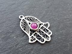 Filigree Hand of Fatima Hamsa Pendant Charm with Hot Pink Smooth Cut Jade Accent - Antique Matte Silver Plated