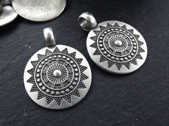 2 Medium Ethnic Sun Mandala Round Disc Pendants, Matte Antique Silver Plated
