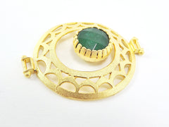 Emerald Green Jade Stone Fretworked Circle Connector Pendant - 22k Matte Gold Plated - 1PC