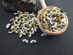 Evil Eye Beads, Enamel Evil Eye Bead, Bead Spacer, Evil Eye Charm, Shiny Gold Plated, 7x13mm, 4pc