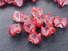 Poppy Red Zig Zag Line Frosty Translucent Pinched Wave Artisan Handmade Glass Bead - 15 x 12mm - 10pcs