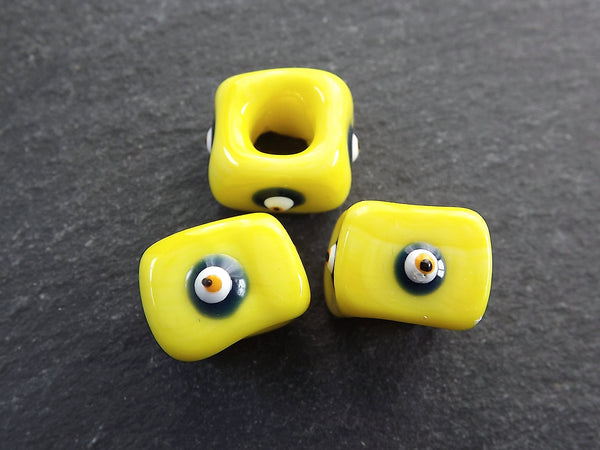 Yellow Square Evil Eye Beads, Protective Turkish Nazar, Good Luck Bead, 10mm, 3pc