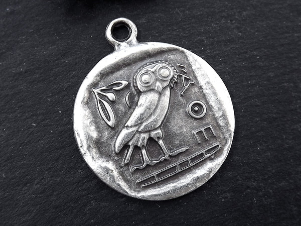 Greek Owl Athena Coin Pendant - Symbol of Wisdom, Mascot of Athena, Totem Bird, Attica Replica Coin - Matte Antique Silver Plated 1pc