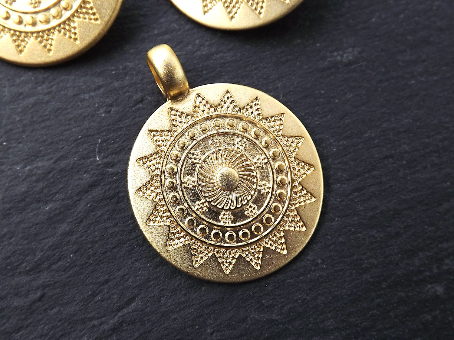 Large Ethnic Sun Mandala Round Disc Pendants with Side Facing - 22k Matte Gold Plated - 1pc