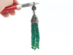 Large Long Emerald Green Facet Cut Jade Stone Beaded Tassel with Encrusted Crystal Accents - Antique Bronze - 1PC