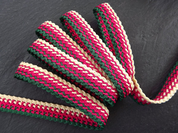 Green Hot Pink Cream Flat Braided Cord, Woven Trim, Bracelet Cord, Braided Trim, Textile Cord, Macrame, 1 Meter = 3.3 Feet = 1.09 Yards