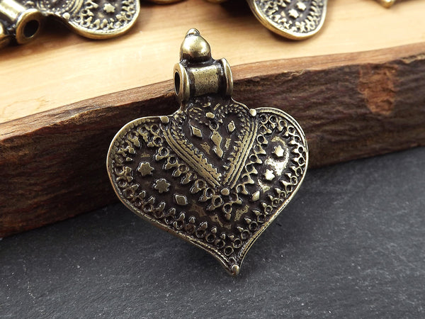 Nepalese Style Artisan Heart Pendant Ethnic Tribal Pattern Rajasthan - Antique Bronze Plated - 1pc