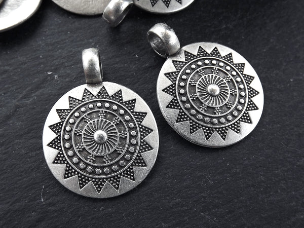 2 Medium Ethnic Sun Mandala Round Disc Pendants, Matte Antique Silver Plated