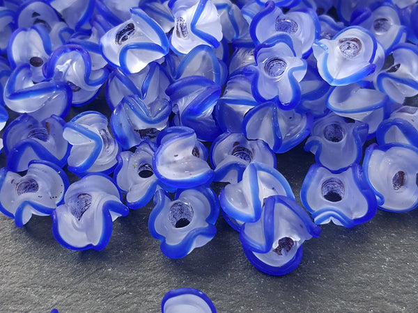 Royal Blue Zig Zag Line Frosty Translucent Pinched Wave Artisan Handmade Glass Bead - 15 x 12mm - 10pcs