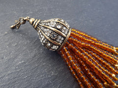 Orange Beaded Tassel, Amber Quartz Gemstone Tassel Pendant, Antique Bronze Cap, 1pc