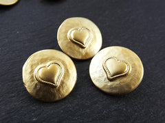 3 Rustic Metal Heart Buttons 22k Matte Gold Plated - Round Silver Buttons, Metal Shank Button, Sewing Buttons, Jewelry Making Buttons