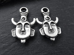 Tribal Ethnic Mask Pendant Charms - African Mask with Horns - Matte Antique Silver Plated - 2PC