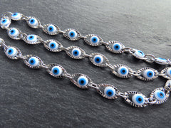 Evil Eye Chain, Moving Glass Beads, Marquee Crimped Link Chain 13x7mm, DIY Jewelry Making, Shiny Silver Plated Brass, Large, 50cm