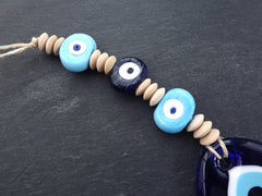 Sky Blue Navy Turkish Evil Eye Wall Hanging Home Garden Decoration with Evileye Traditional Artisan Beads - No:51