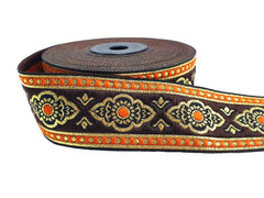 Orange Brown Oriental Ethnic Woven Jacquard Trim, Renaissance Embroidered Ribbon, 35mm
