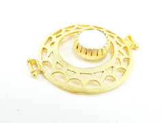 Opaque White Jade Stone Fretworked Circle Connector Pendant - 22k Matte Gold Plated - 1PC