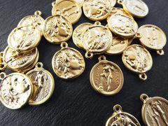Gold Greek Coin Pendants Charms, Demetrios Poliorketes, King of Macedonia, Poseidon Coin, Replica Coin, Bohemian, 22k Matte Gold, 2pc