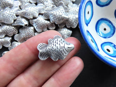 Large Fish Bead Spacers, Tropical Fish Beads, Good Luck Bead, Amulet Bead, Kismet Beads, Animal Beads, Matte Antique Silver Plated, 2pc