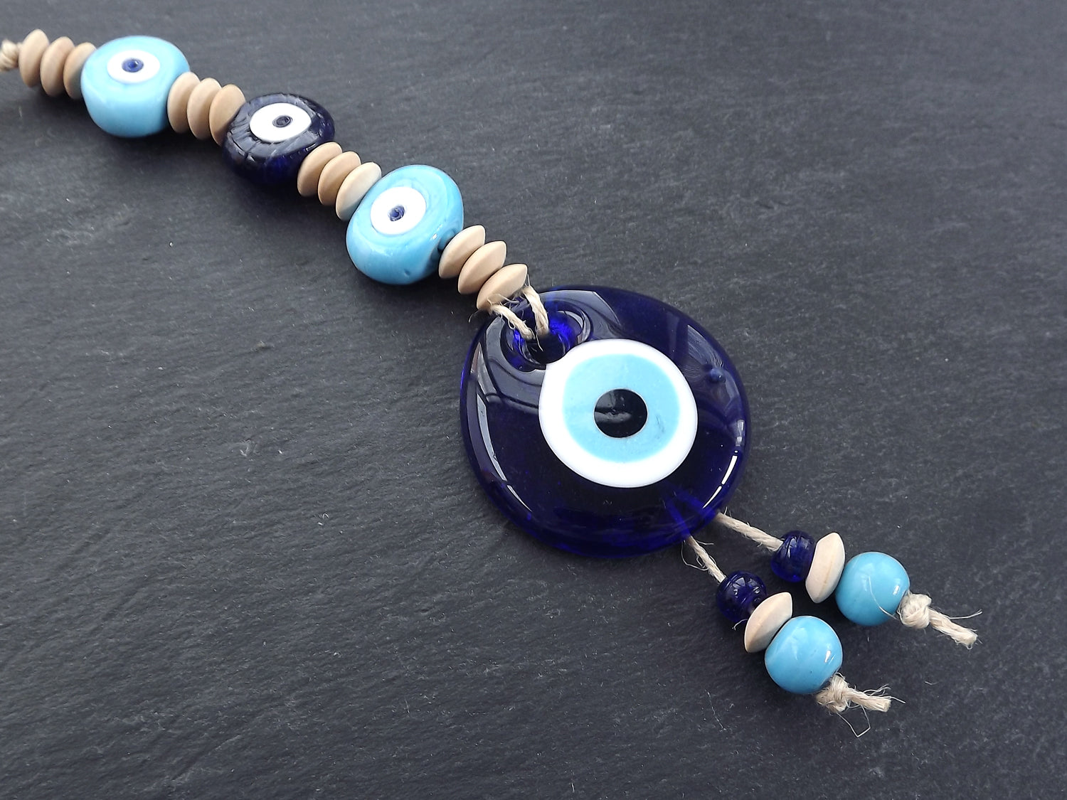 Sky Blue Navy Turkish Evil Eye Wall Hanging Home Garden Decoration with Evileye Traditional Artisan Beads - No:51