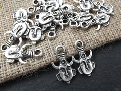 Tribal Ethnic Mask Pendant Charms - African Mask with Horns - Matte Antique Silver Plated - 2PC