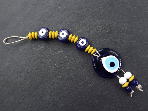 Evil Eye Wall Hanging, Yellow, Navy Blue, Turkish Evil Eye, Lucky, Protective, Wall Hanging, Home Decor, Garden Decoration, Artisan