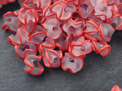 Poppy Red Zig Zag Line Frosty Translucent Pinched Wave Artisan Handmade Glass Bead - 15 x 12mm - 10pcs