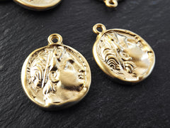 Gold Greek Coin Pendants Charms, Demetrios Poliorketes, King of Macedonia, Poseidon Coin, Replica Coin, Bohemian, 22k Matte Gold, 2pc