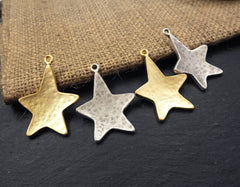 Hammered Star Pendant, Silver Star Pendant, Star Charms, Curved Star, Rustic Star, Silver Star, Large Star, Matte Antique Silver Plated, 2pc