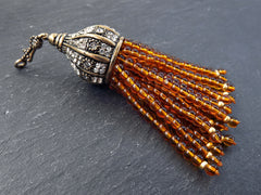 Orange Beaded Tassel, Amber Quartz Gemstone Tassel Pendant, Antique Bronze Cap, 1pc