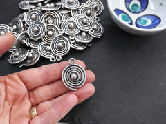 Round Silver Coin Tribal Ball Dot Charms, Spiral Disc Pendant, Antique Silver Plated, 1pc