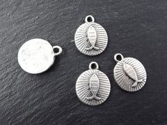 Silver Fish Charms, Greek Fish charms, Mykonos Fish Pendant, Rustic Cast Round Charms, Metal Fish Bead, Matte Antique Silver Plated - 4pcs
