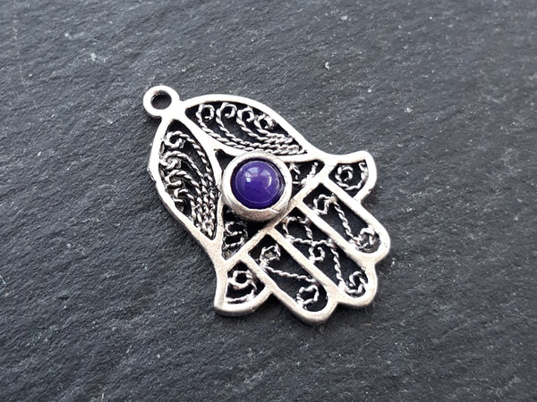 Filigree Hand of Fatima Hamsa Pendant Charm with Deep Purple Smooth Cut Jade Accent - Antique Matte Silver Plated