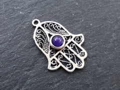 Filigree Hand of Fatima Hamsa Pendant Charm with Deep Purple Smooth Cut Jade Accent - Antique Matte Silver Plated