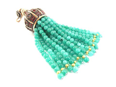 Large Long Aqua Jade Stone Beaded Tassel with Crystal Accents - Antique Bronze - 1PC