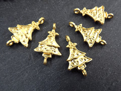 Christmas Tree Charms, Small Christmas Tree Holiday Pendant Connectors, Non Tarnish, 22k Matte Gold Plated, 6pc