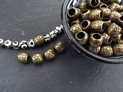 Large Bronze Tube Beads, Scaled Barrel Bead, Statement Beads, Bracelet Bead Spacer, Large Hole, Antique Bronze Plated 4pc