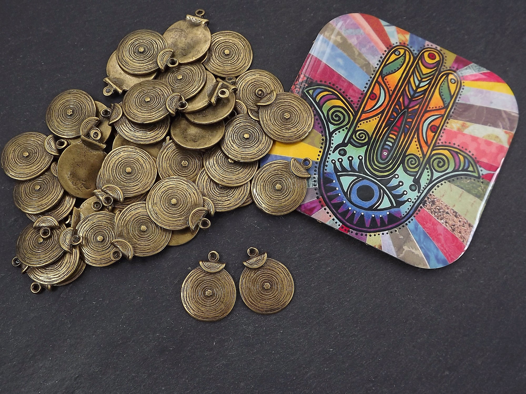 Round Bronze Coin Tribal Charms, Ethnic Spiral Disc Pendant, Antique Bronze  Plated, 2pc