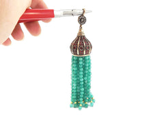Large Long Aqua Jade Stone Beaded Tassel with Crystal Accents - Antique Bronze - 1PC