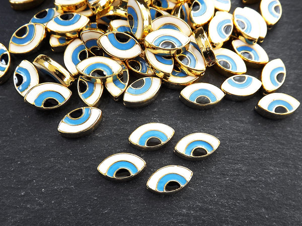 Evil Eye Beads, Enamel Evil Eye Bead, Bead Spacer, Evil Eye Charm, Shiny Gold Plated, 7x13mm, 4pc