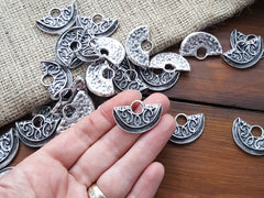 Tribal Ethnic Semi Circle Pendant Charms with Large Loop - Matte Antique Silver Plated - 2pc