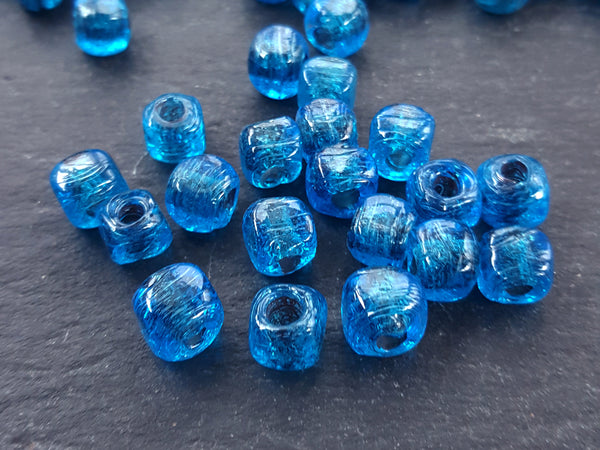 BULK - 30 Aegean Blue Rustic Cube Glass Bead - Square Dice Shape Traditional Turkish Artisan Handmade - 7mm - Turkish Glass Beads