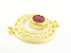 Garnet Red Jade Stone Fretworked Circle Connector Pendant - 22k Matte Gold Plated - 1PC