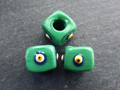 Emerald Green Square Evil Eye Beads, Protective Turkish Nazar, Good Luck Bead, 10mm, 3pc
